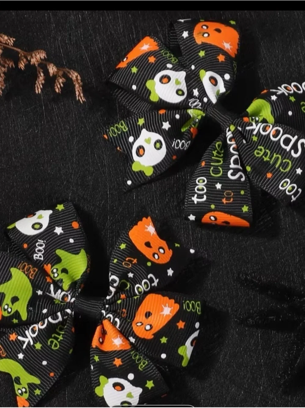 Halloween Ghost & Pumpkin Hair Bows for Kids - Black, Orange & Green set of two